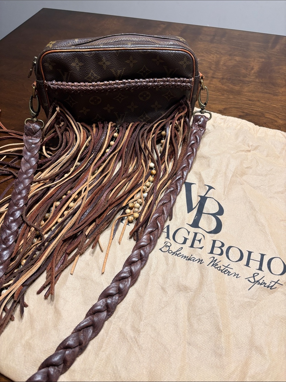 Vintage Boho Brown Monogram Fringe Crossbody Bag